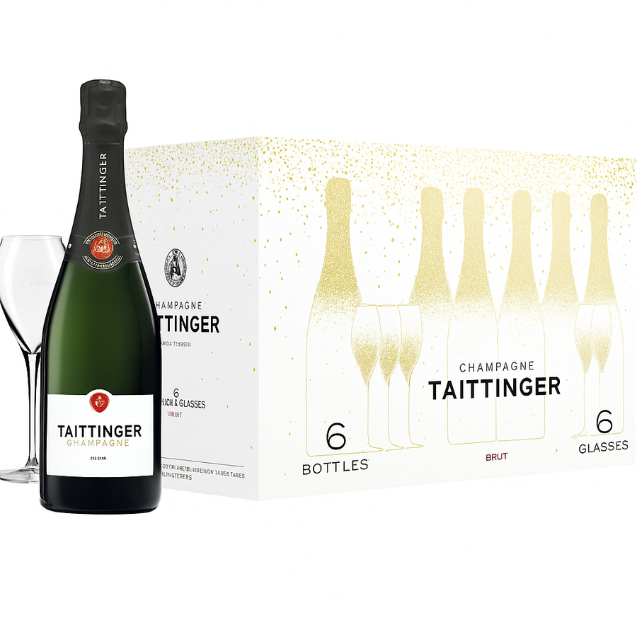 Taittinger Brut Réserve Kistenaktion 6 Flaschen + 6 Gläser